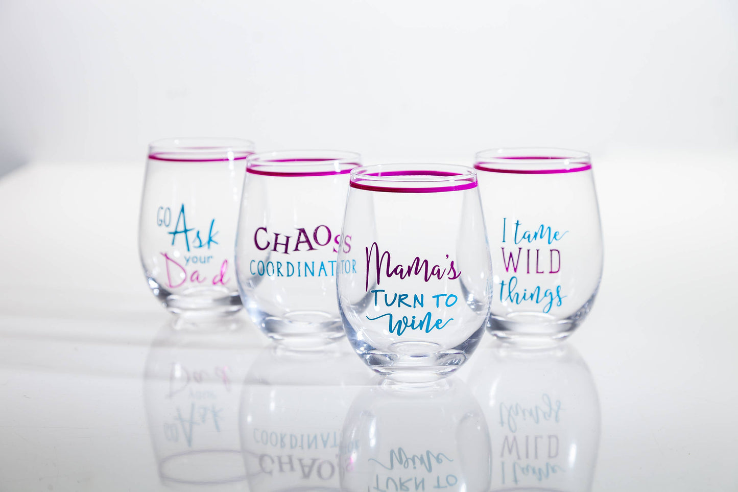 Promo Witty Mom Stemless Wine Glass. -- 8 Asst -- Open Windo