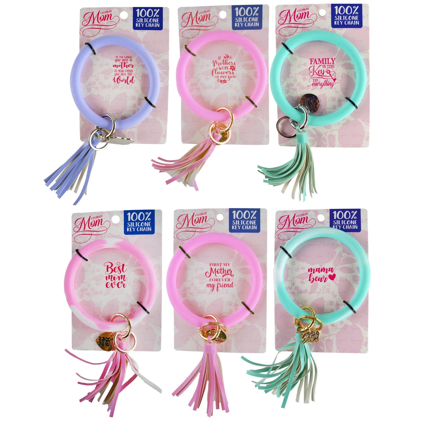Mother's Day Silicone Keychain Wristlet Assortment- 6/Pack