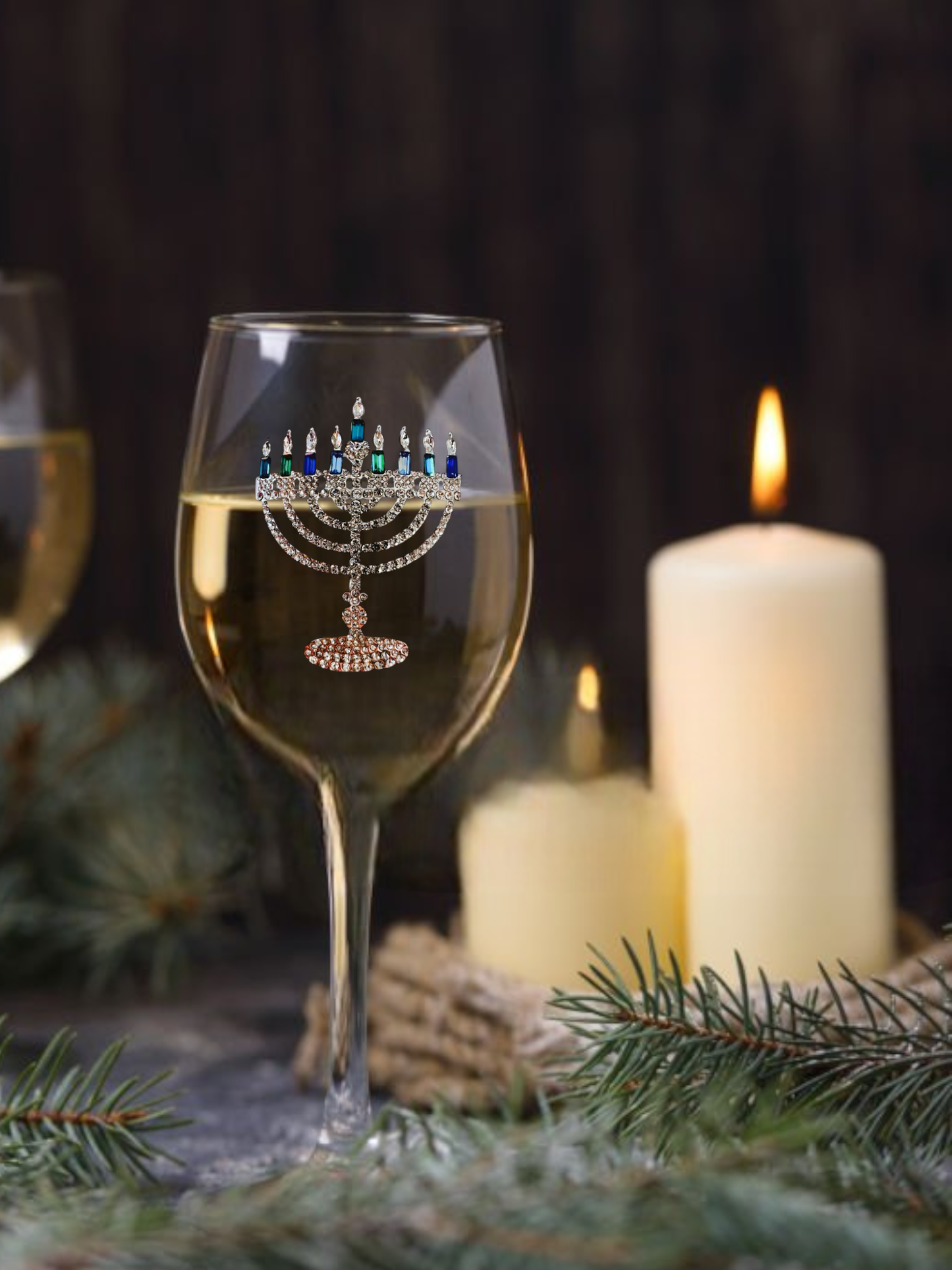 Menorah Holiday Jeweled Stemmed Wine Glass