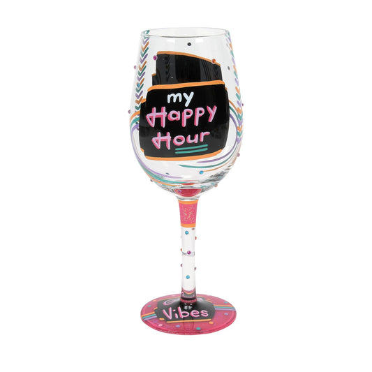 Happy Hour Hand-Painted Wine Glass, 15 oz.
