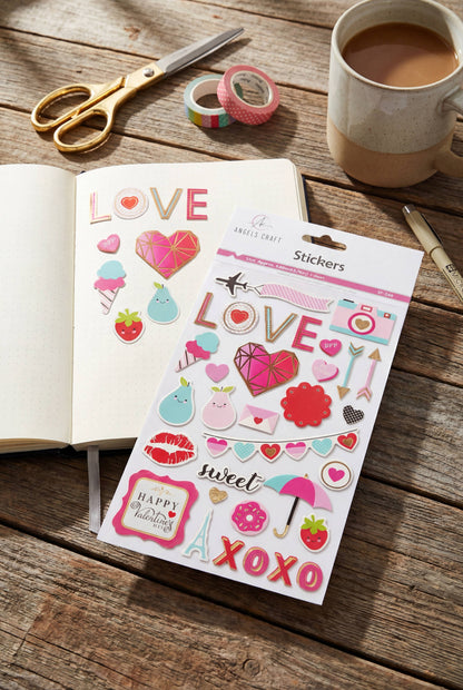 Valentine Puffy Stickers – Love Icons & Hearts – 32 pcs