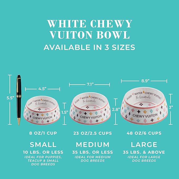 Haute Diggity Dog White Chewy Vuiton Dog Bowls & Placemat, Dog Food & Water Bowls, Food Grade BPA Free, Non-Skid Bottom & Dishwasher Safe