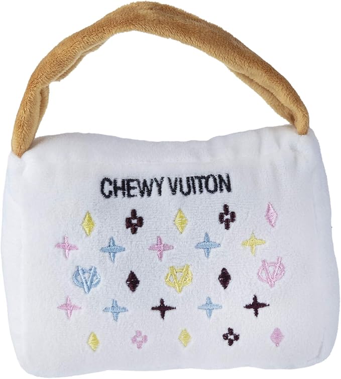 Haute Diggity Dog Chewy Vuiton White Purse, Plush Designer Dog Toys with Interactive Squeaker, Stimulating Pet Enrichment, Machine-Washable & Safe Materials for All Breeds, Size Medium