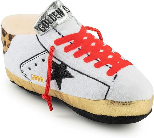Haute Diggity Dog Original Golden Pooch Tennis Shoe, Plush Designer Dog Toys with Interactive Squeaker, Stimulating Pet Enrichment, Machine-Washable & Safe Materials for All Breeds, One Size