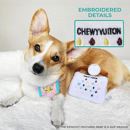 Haute Diggity Dog Chewy Vuiton White Purse, Plush Designer Dog Toys with Interactive Squeaker, Stimulating Pet Enrichment, Machine-Washable & Safe Materials for All Breeds, Size Medium