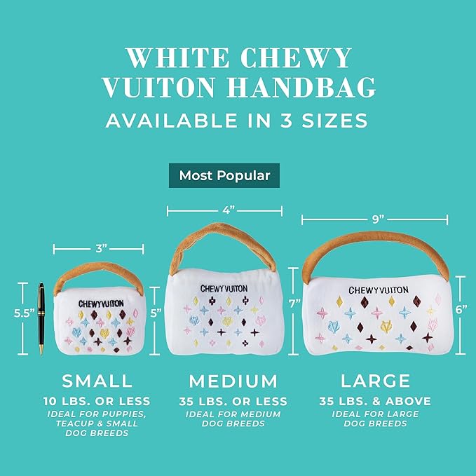 Haute Diggity Dog Chewy Vuiton White Purse, Plush Designer Dog Toys with Interactive Squeaker, Stimulating Pet Enrichment, Machine-Washable & Safe Materials for All Breeds, Size Medium