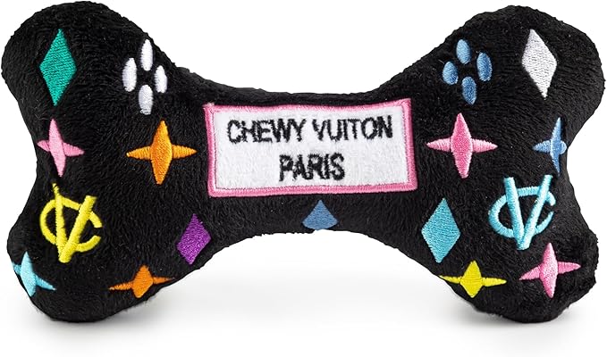 Haute Diggity Dog Black Monogram Chewy Vuiton Bone, Plush Designer Dog Toys with Interactive Squeaker, Stimulating Pet Enrichment, Machine-Washable & Safe Materials for All Breeds, Size Medium