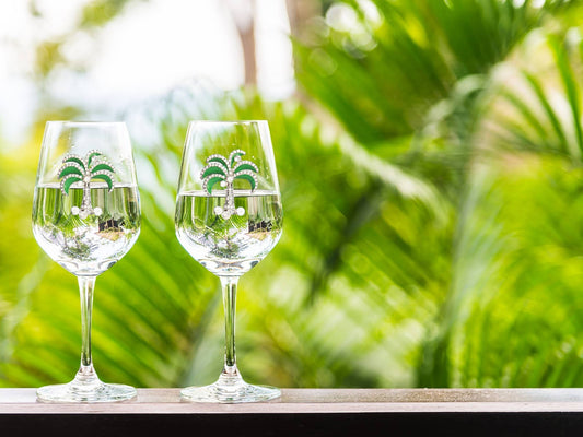 Green Diamond Palm Tree Jeweled Stemmed Wine Glass