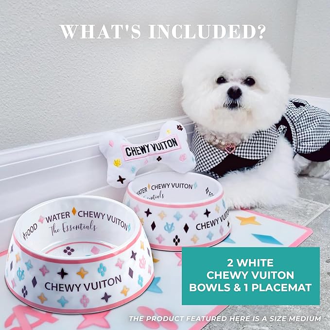 Haute Diggity Dog White Chewy Vuiton Dog Bowls & Placemat, Dog Food & Water Bowls, Food Grade BPA Free, Non-Skid Bottom & Dishwasher Safe