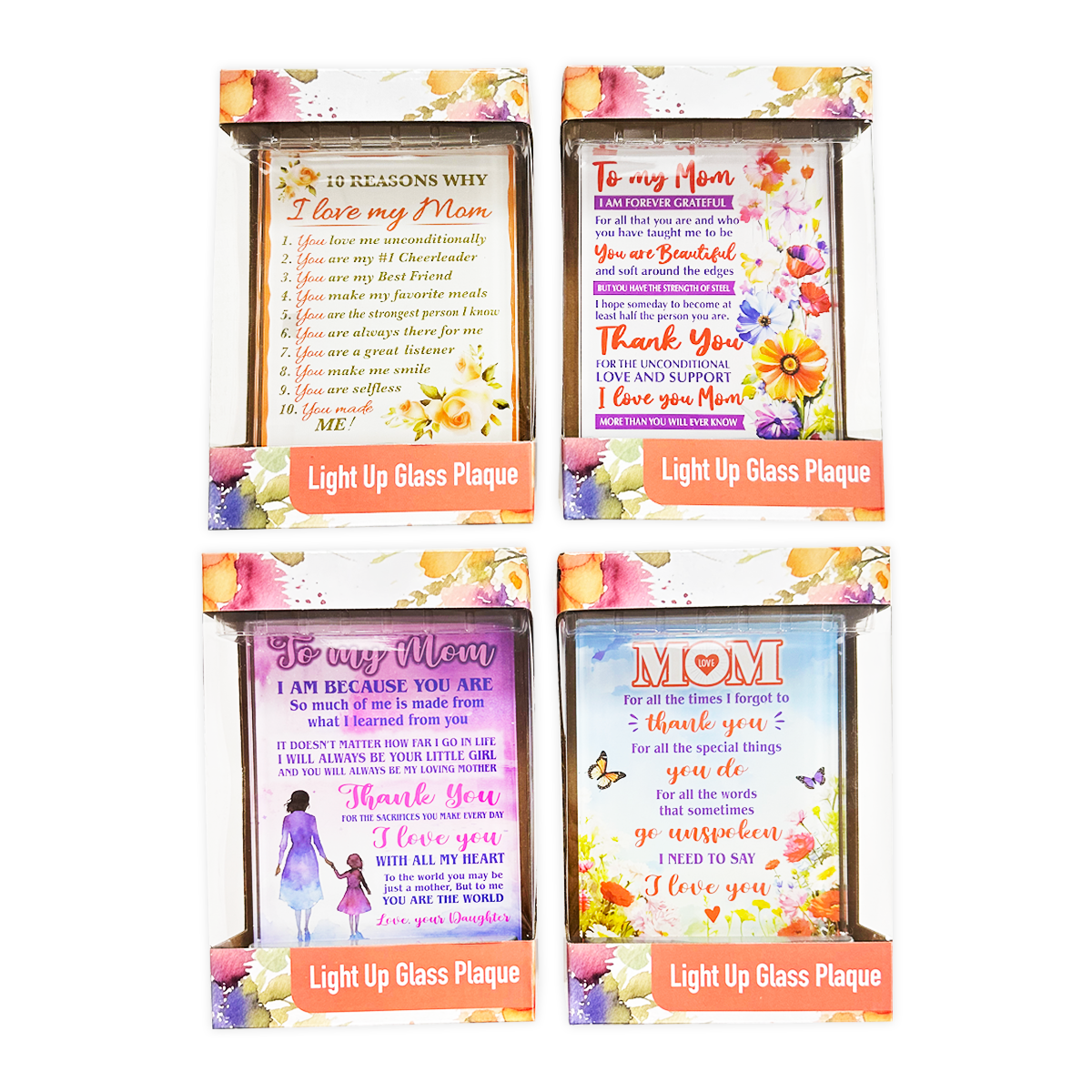 Glass Plaque Keepsake Mother's Day Mom Assortment- 4/Pack