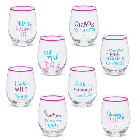 Promo Witty Mom Stemless Wine Glass. -- 8 Asst -- Open Windo