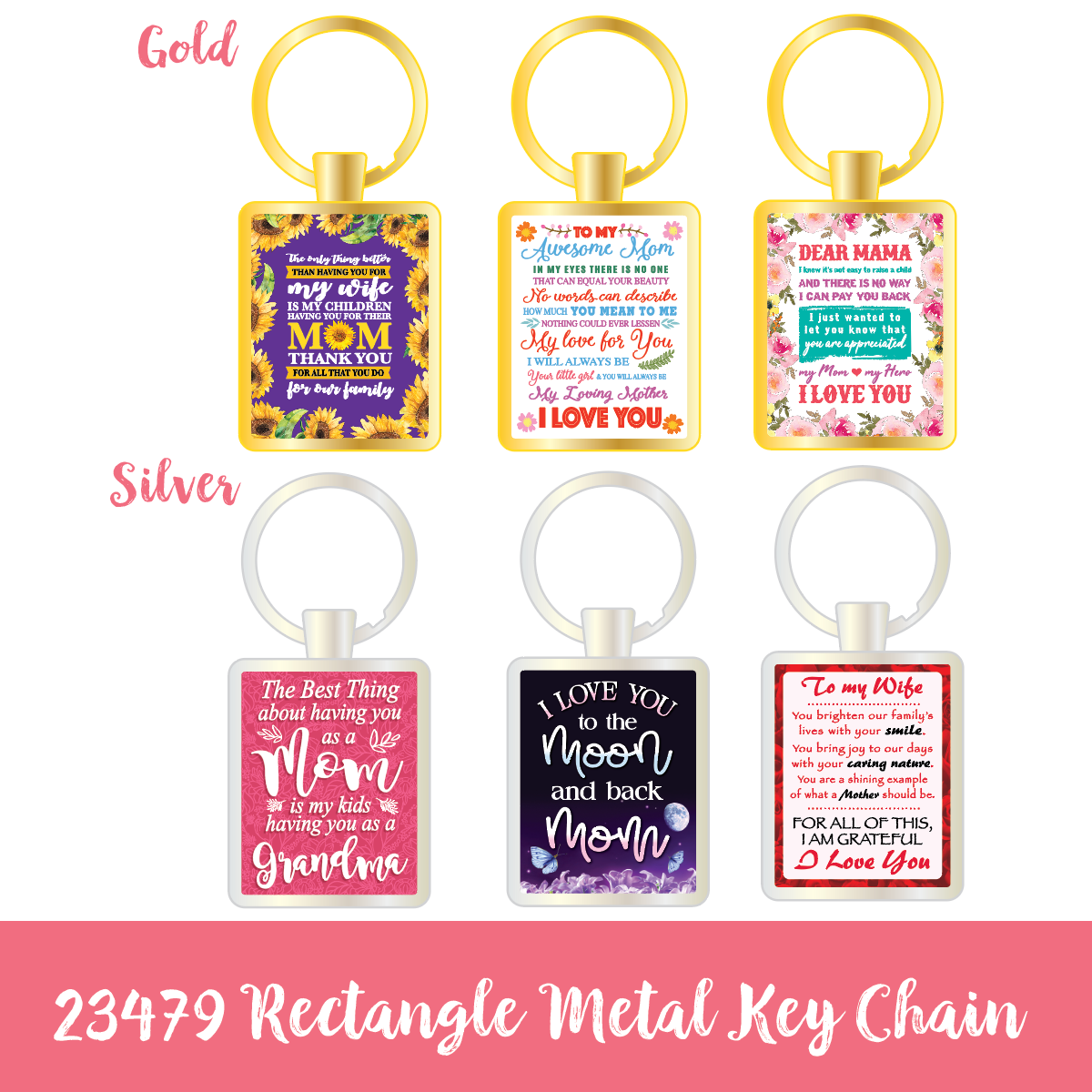 Mother's Day Metal Rectangle Mom Keychain Assortment- 6/Pack
