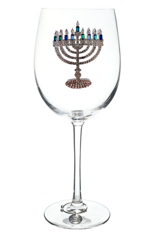 Menorah Holiday Jeweled Stemmed Wine Glass